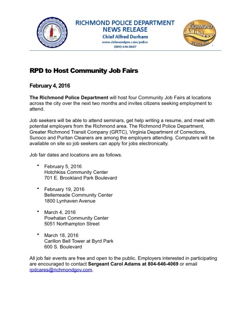 RPD to Host Community Job Fairs 020416 sr